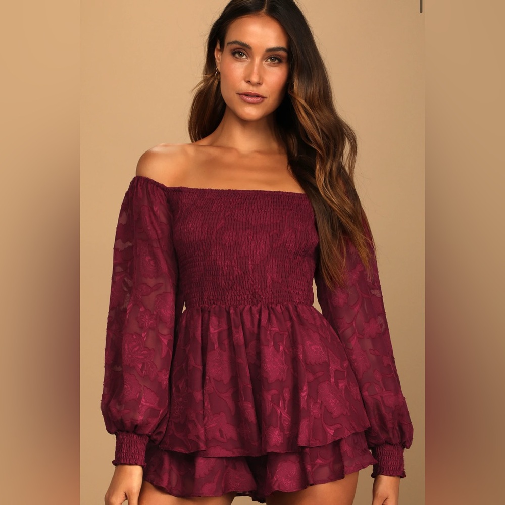 Lulu's Burgundy Off-Shoulder Lace Long Sleeve Dress- SIZE M